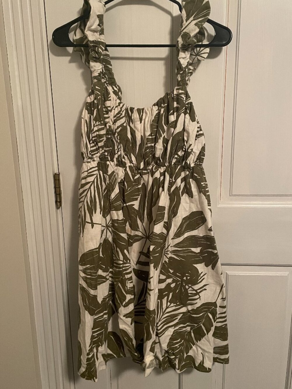 Abercrombie & Fitch Puff Strap Babydoll Leaf Pattern Mini Dress Linen Blend